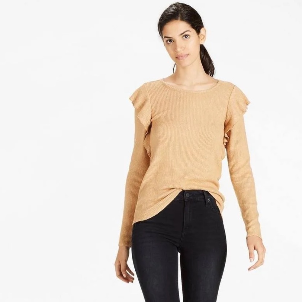 Lucky Brand Brown Ribbed Knit Ruffle Top | Size XS - Picture 10 of 10